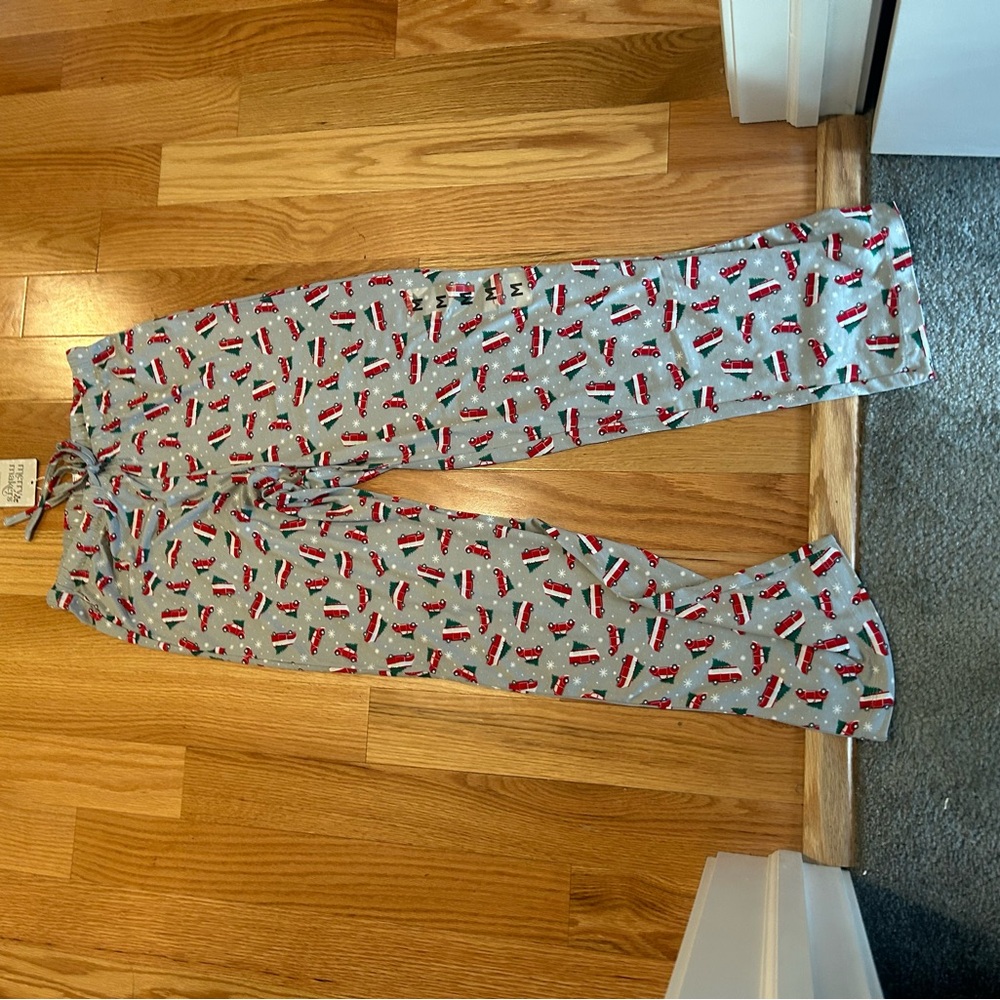 Festive Gray Pajama Pants with Red and Green Pattern